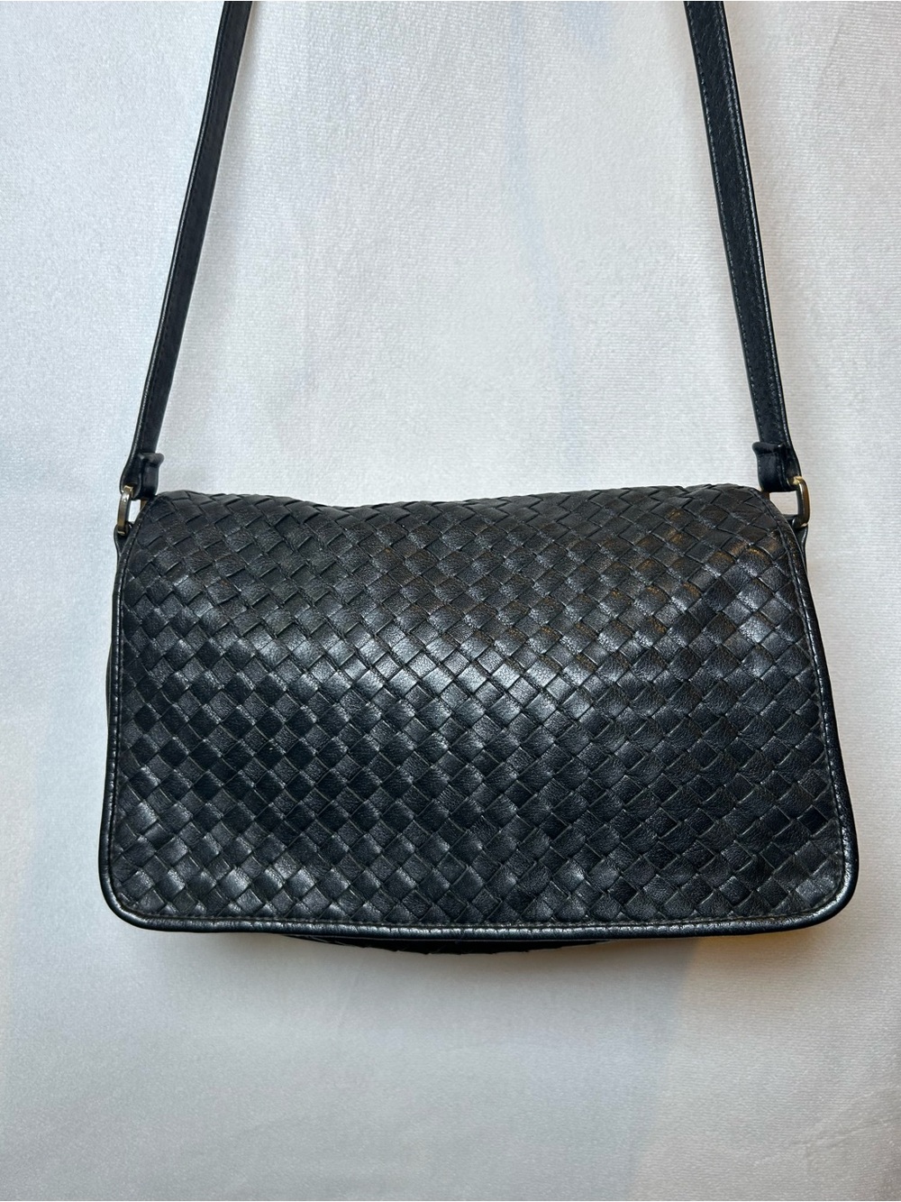 Vintage Ganson Black Woven Leather Flapover Crossbody Bag
